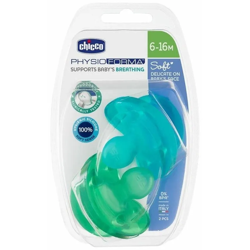 Chicco Chupete Physio Soft Silicona 6-12 Meses Azul, 2 Uds