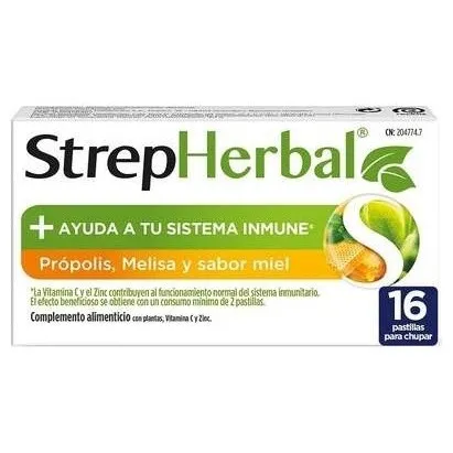 Strepherbal Propolis Y Melisa + Vitamina C Y Zinc Miel 16 Pastillas