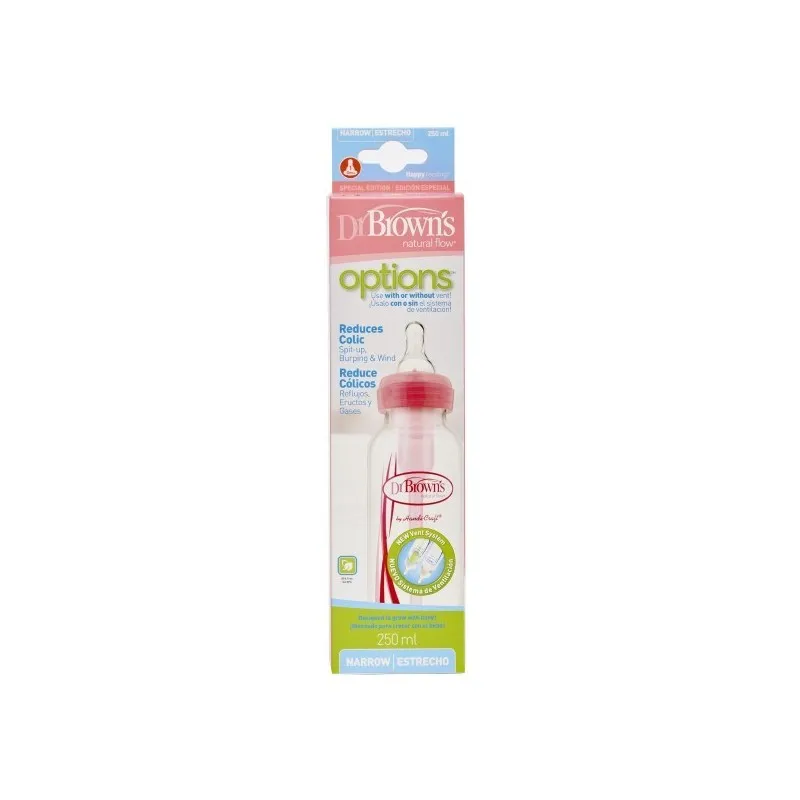 Biberón Options Boca Estrecha Anticólico Silicona Dr Brown's 250 ml 0m+ Rosa