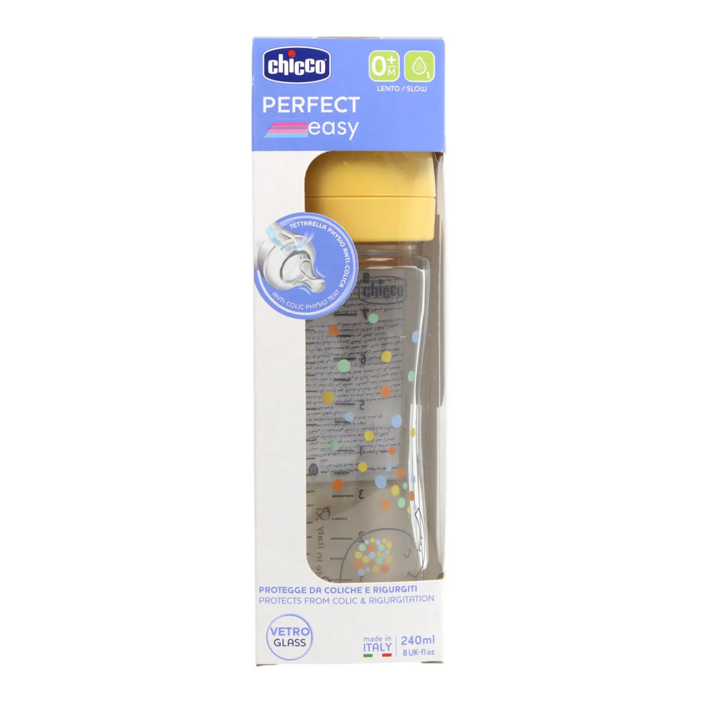 Biberon Vidrio Tetina Silicona Chicco Perfect Easy Flujo Lento + 0 Meses 240 ml Color Amarillo