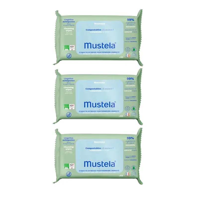 MUSTELA TOALLITAS LIMPIADORAS COMPOSTABLES 3 X 60 UNIDADES