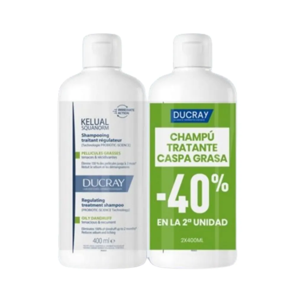 Duplo Kelual Squanorm Champú Tratante Anticaspa - Caspa grasa, 400 ml + 400 ml.- Ducray