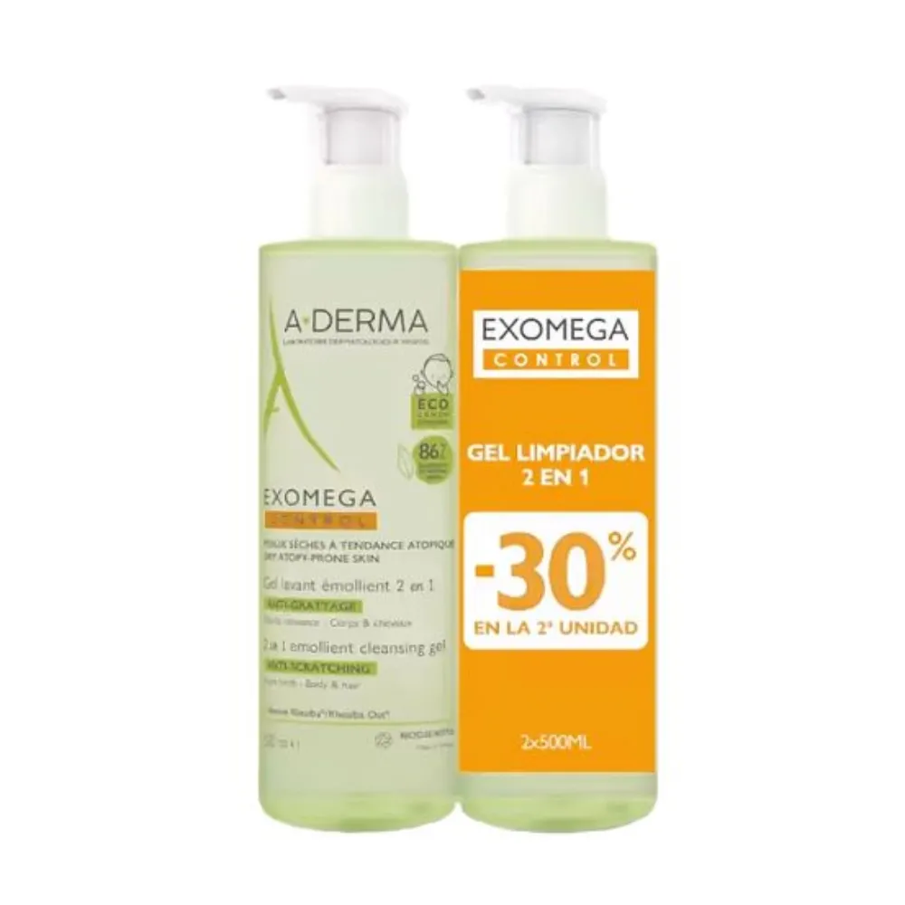 Pack Exomega Control Gel limpiador Emoliente 2 en 1 Anti-irritación, 500 ml. - A-Derma