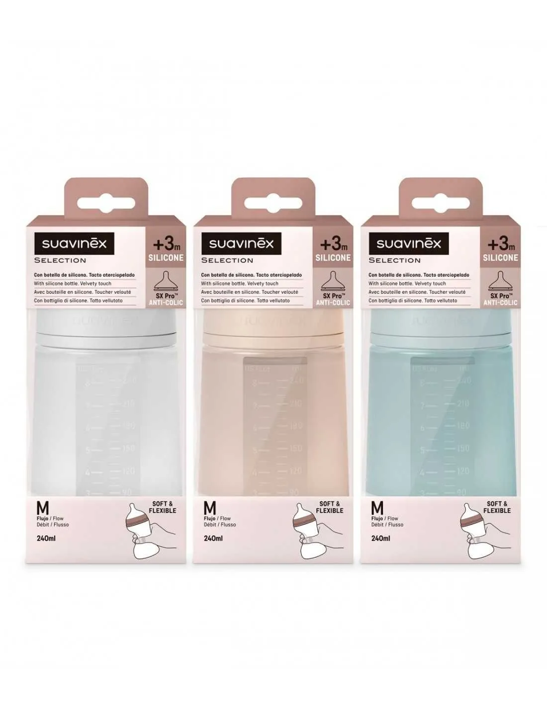 SUAVINEX BIBERON SILICONA SOFT COLOUR + 3 MESES 240 ML